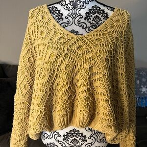 POL Mustard V-Neck Crochet Knit Sweater - Medium